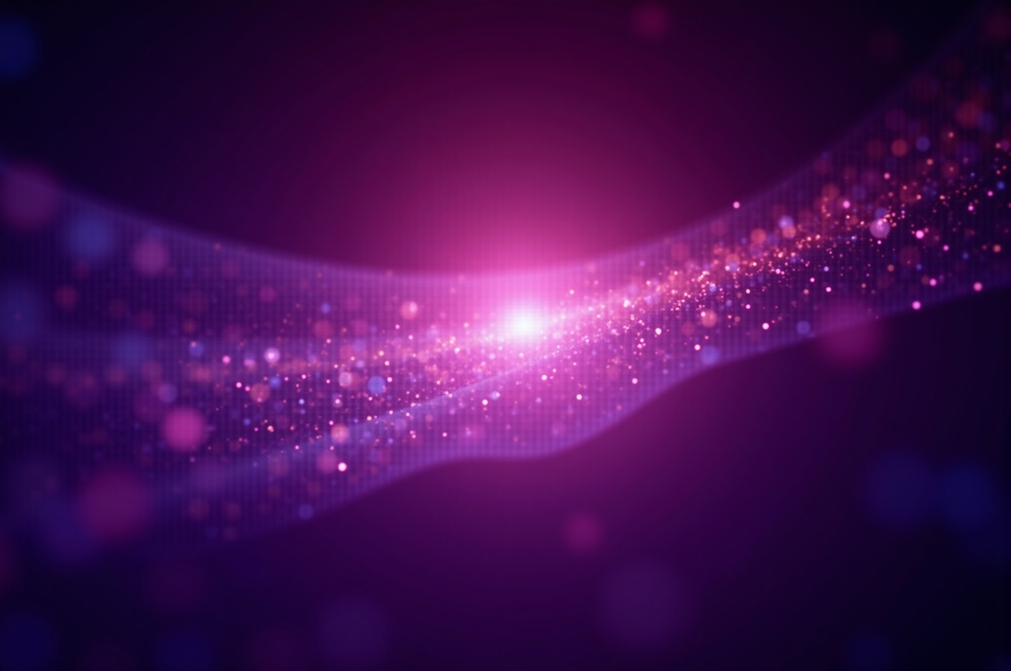 Cinematic close-up of holographic insurance policy documents materializing from particles of light, transforming from traditional paper-like sheets into flowing data streams. Purple-magenta-orange gradient particles swirl in volumetric space.