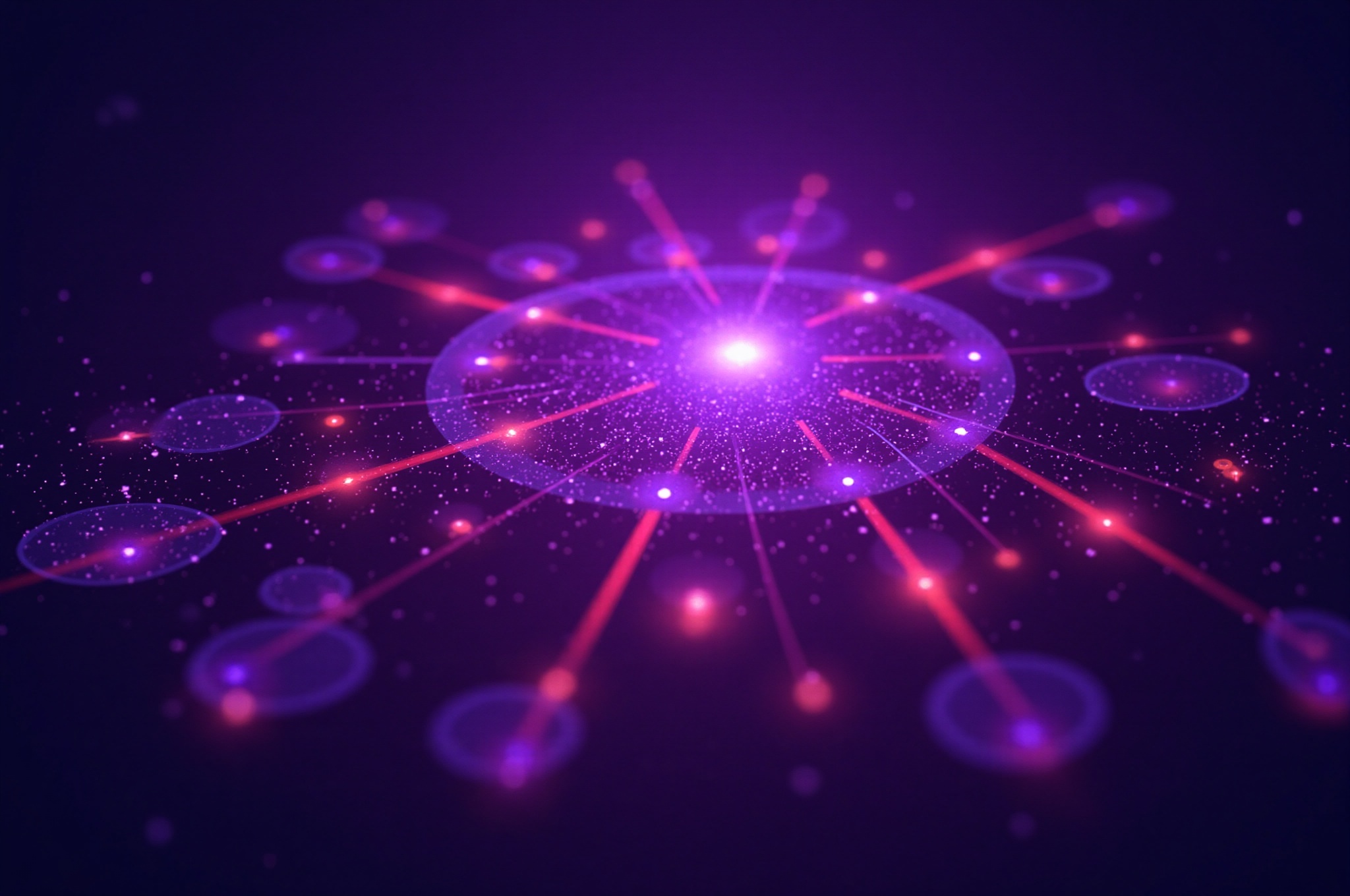 Cinematic isometric view of a multi-level distribution network visualized as a glowing holographic structure