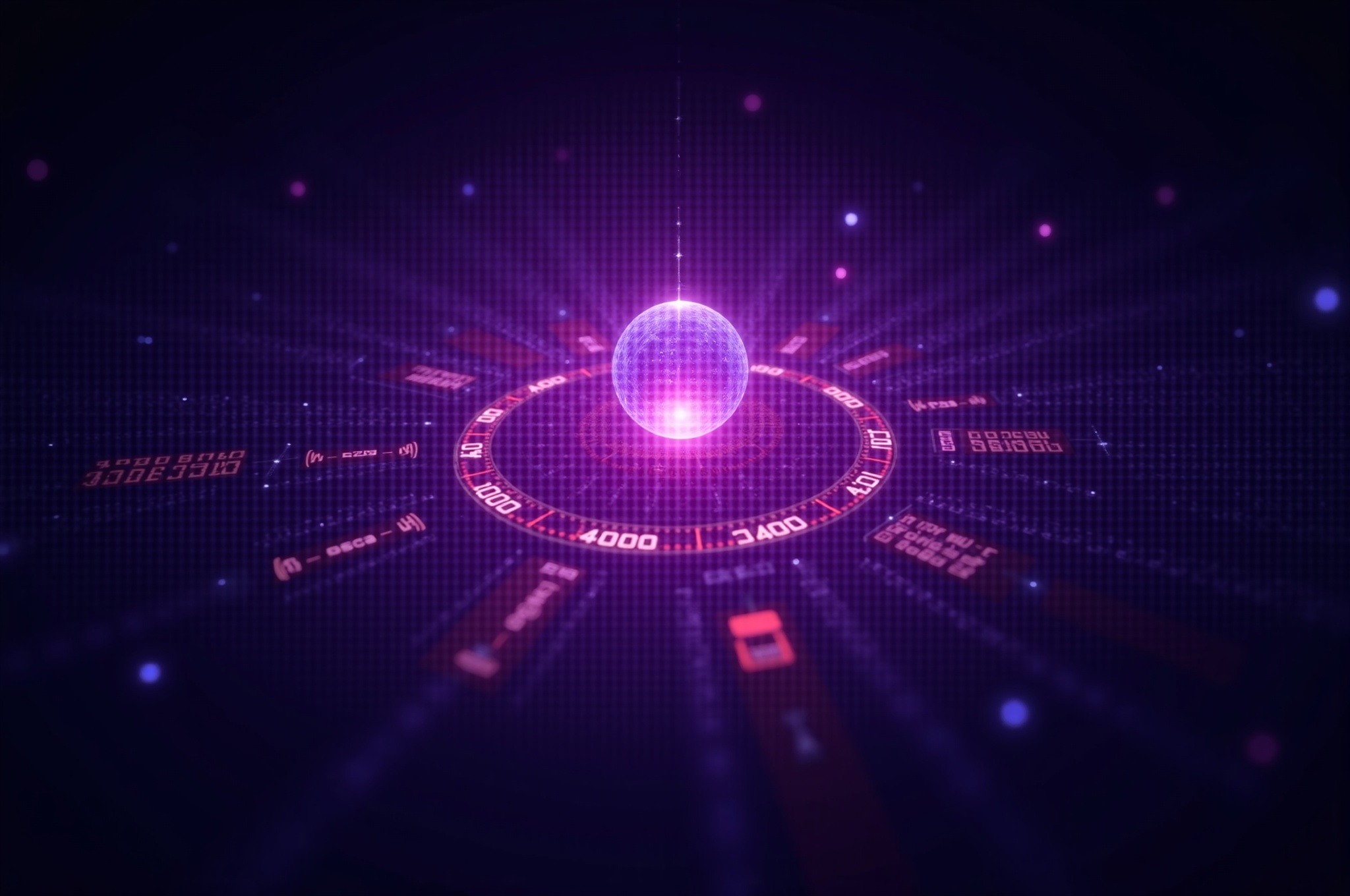 futuristic holographic rating engine interface floating in dark space. Central spherical core pulsing with purple-magenta energy, surrounded by orbiting rings of data particles